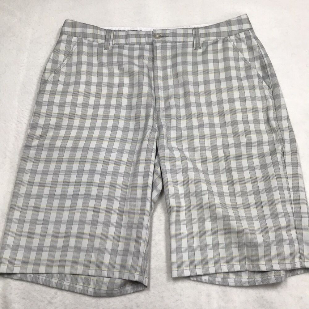 TRAVIS MATHEW Golf Shorts Men 34 Gray Check Rayon Stretch Performance Fabric